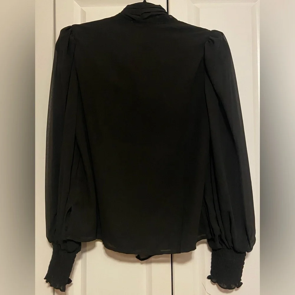Catherine Malandrino Elegant Black Tie-Neck Blouse Sheer Sleeve Small - Picture 3 of 9